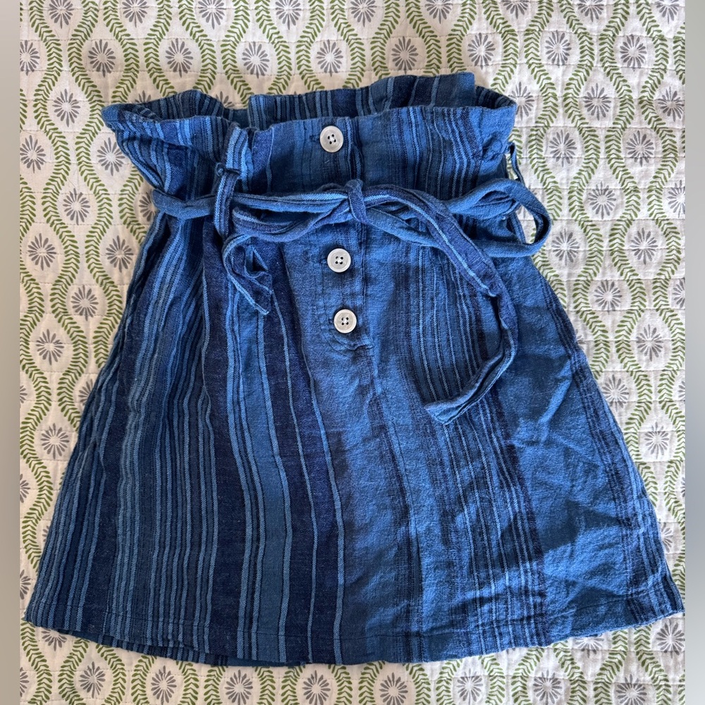 Indigo Rein Linen Blend Blue Stripe Paperbag Waist Button-Front Mini Skirt Small
